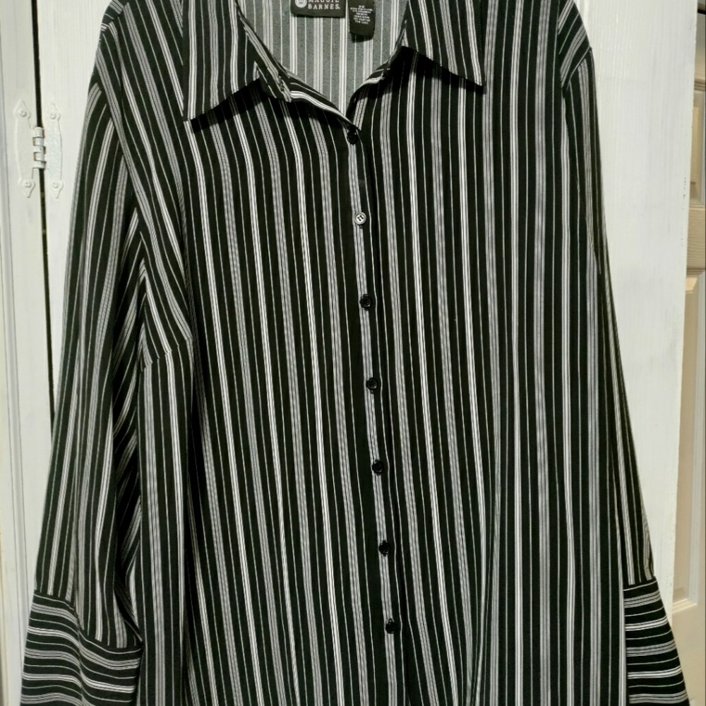 Maggie Barnes black with white stripes shirt